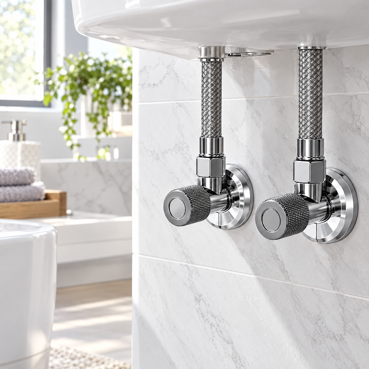 Chrome pipe covers installed under a bathroom sink