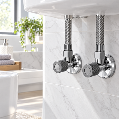 Chrome pipe covers installed under a bathroom sink