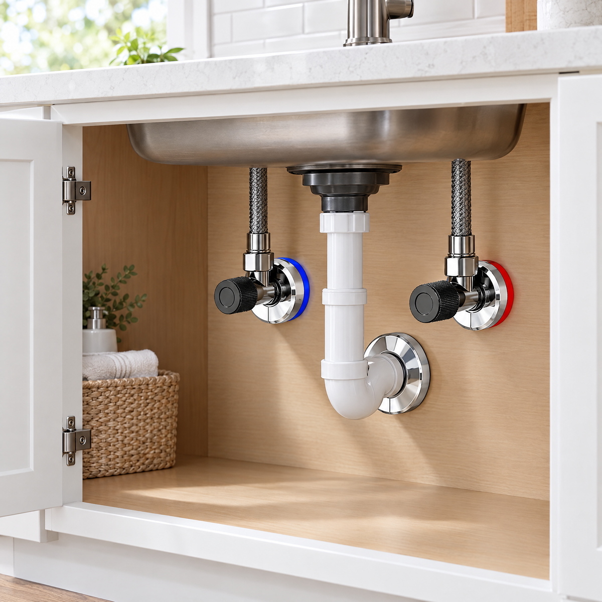 Pipe covers under a kitchen sink cabinet