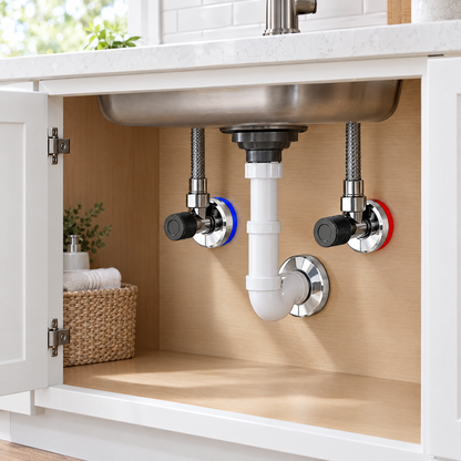 Pipe covers under a kitchen sink cabinet