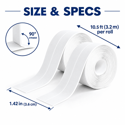 Caulk tape size: 1.42 in wide, 10.5 ft per roll