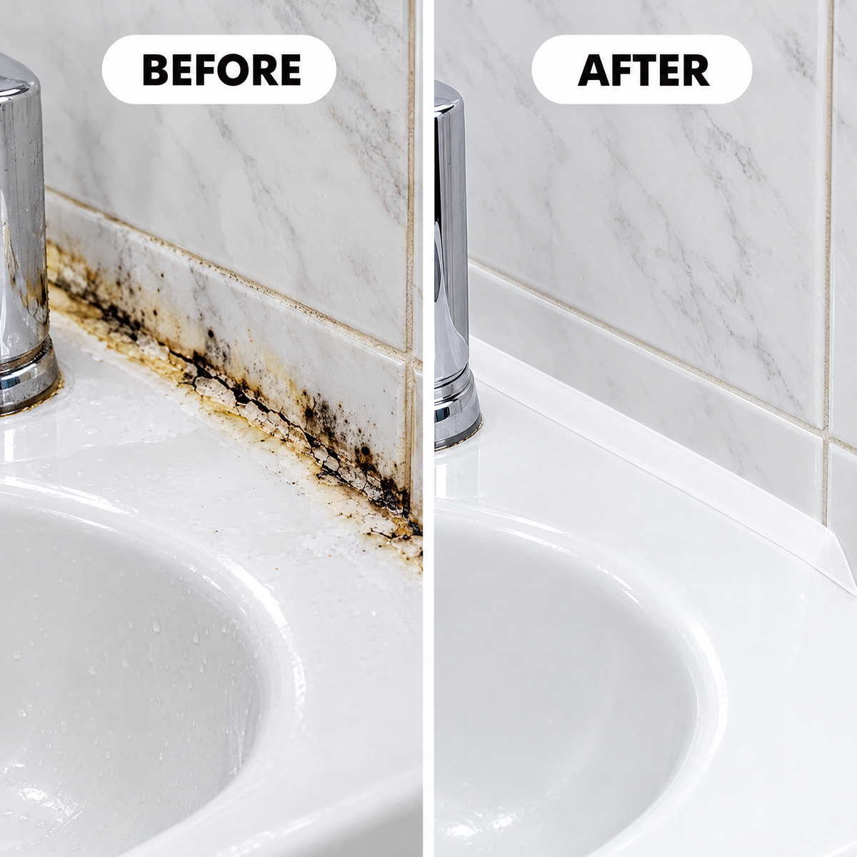 Before and after: mouldy caulk replaced with clean white caulk tape