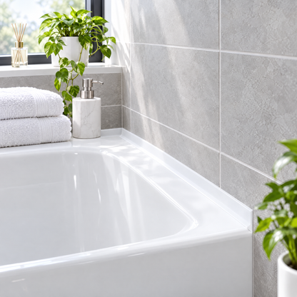 Caulk tape sealing a bathtub edge in a modern bathroom