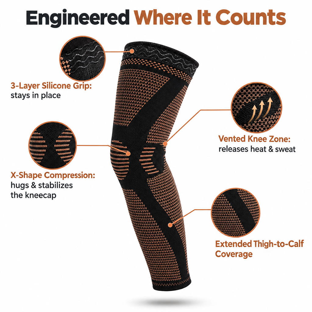 Features: silicone grip, X-shape compression, vented knee zone, thigh-to-calf coverage