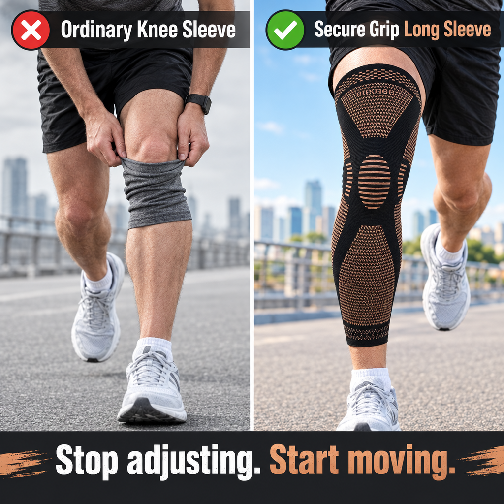 Ordinary knee sleeve rolls down vs Secure Grip long sleeve stays in place
