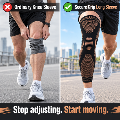 Ordinary knee sleeve rolls down vs Secure Grip long sleeve stays in place