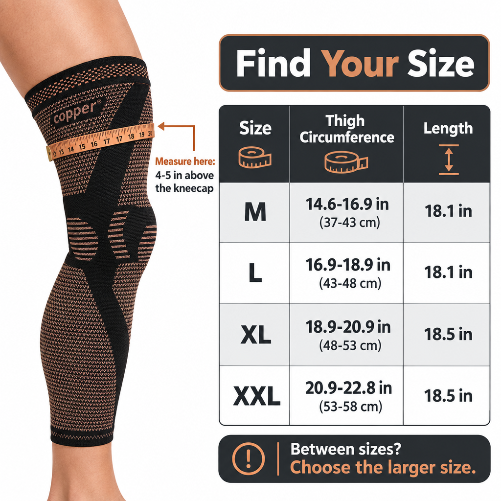 Size guide: measure thigh 4-5 inches above the kneecap, sizes M to XXL