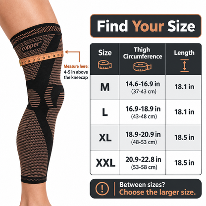 Size guide: measure thigh 4-5 inches above the kneecap, sizes M to XXL