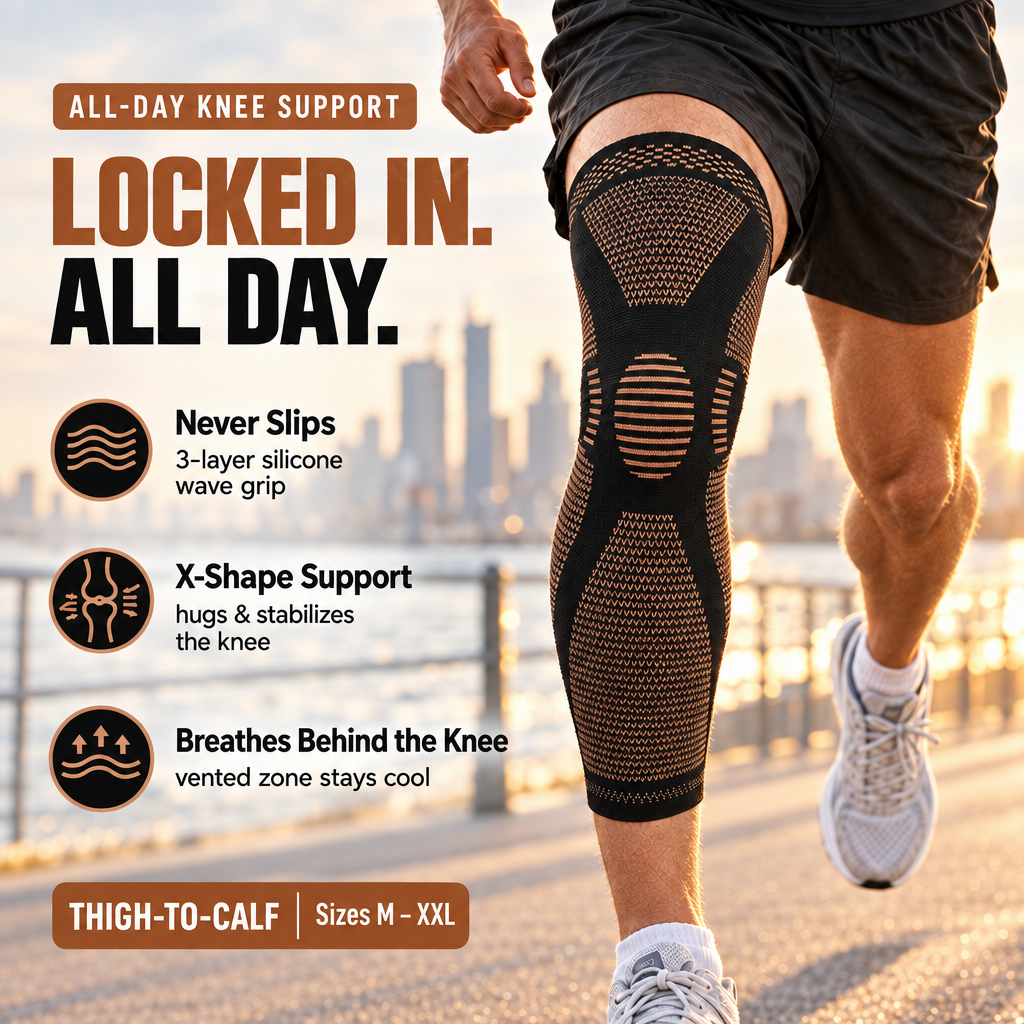 Runner wearing the Secure Grip long compression sleeve – locked in all day