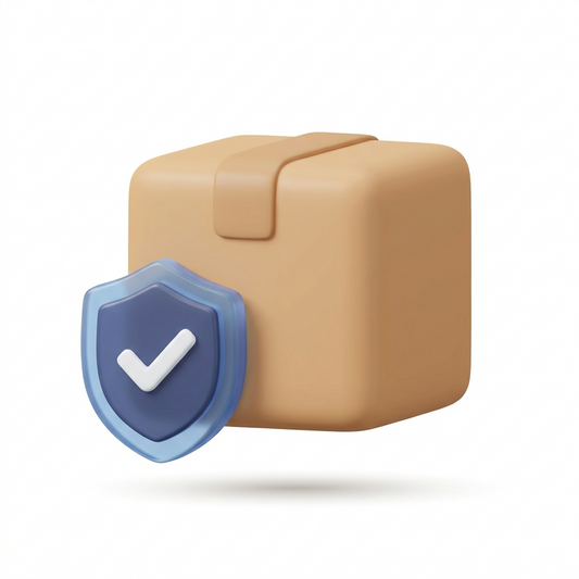 Shipping protection: parcel box with a blue shield and checkmark