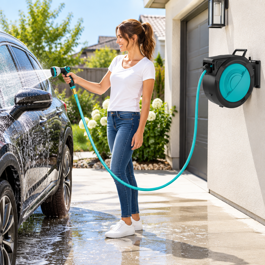 Retractable garden hose reel used for car washing