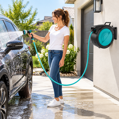 Retractable garden hose reel used for car washing