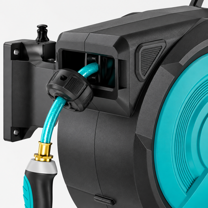 Retractable hose reel wall mount and housing close-up