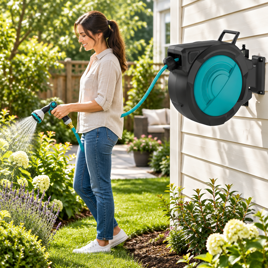 100FT retractable garden hose reel mounted for garden watering