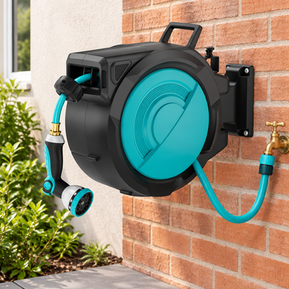 Wall-mounted retractable hose reel installation view