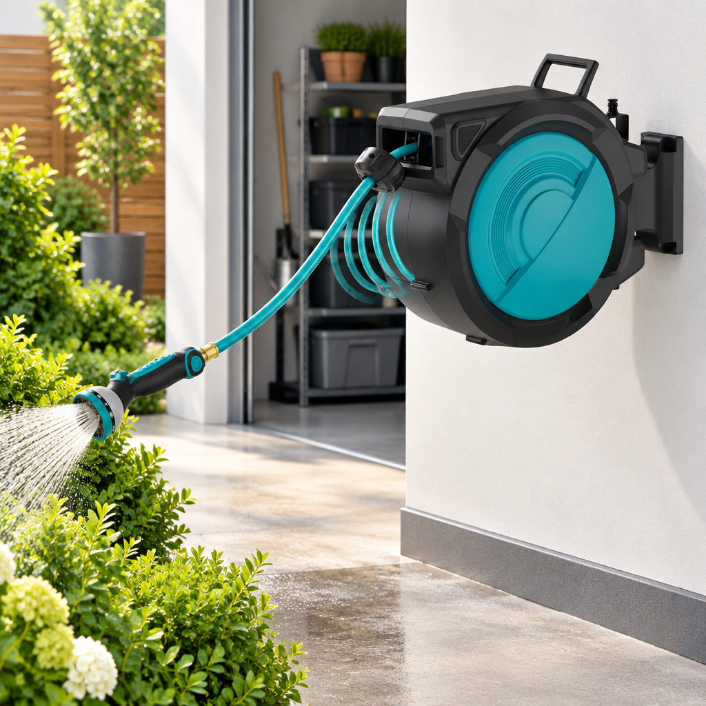 Retractable hose reel organized storage and long reach