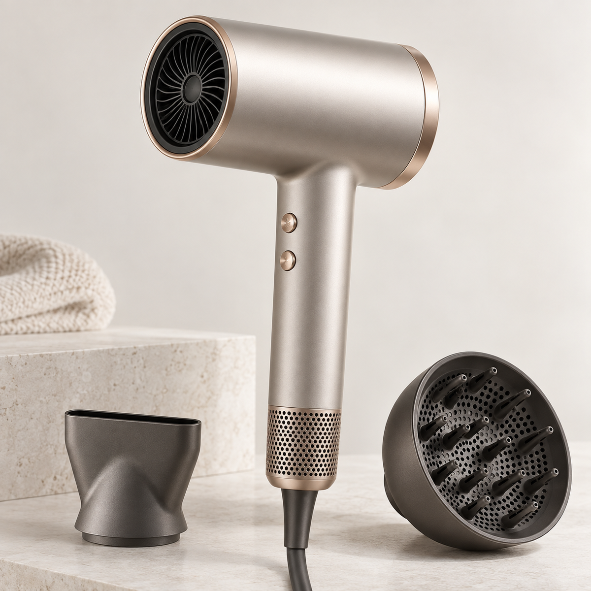 High-speed ionic hair dryer with diffuser and concentrator attachments