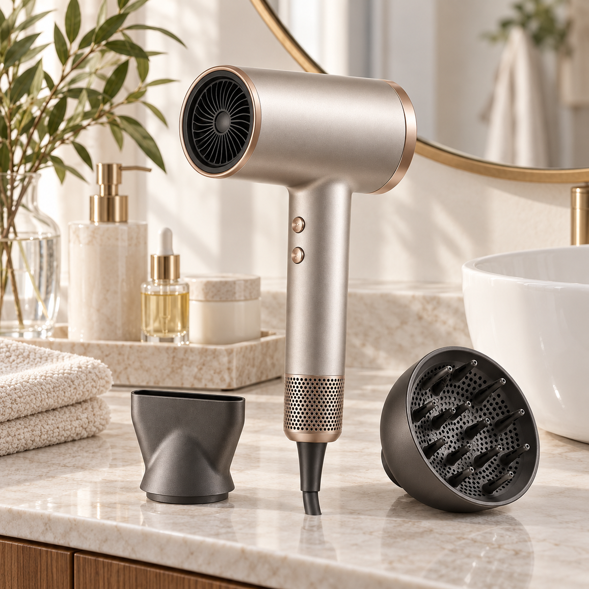 High-speed ionic hair dryer on a premium bathroom vanity