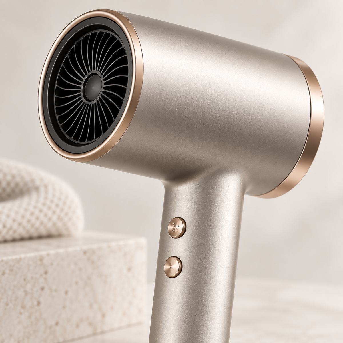 Close-up detail of high-speed ionic hair dryer controls and finish