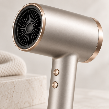 Close-up detail of high-speed ionic hair dryer controls and finish