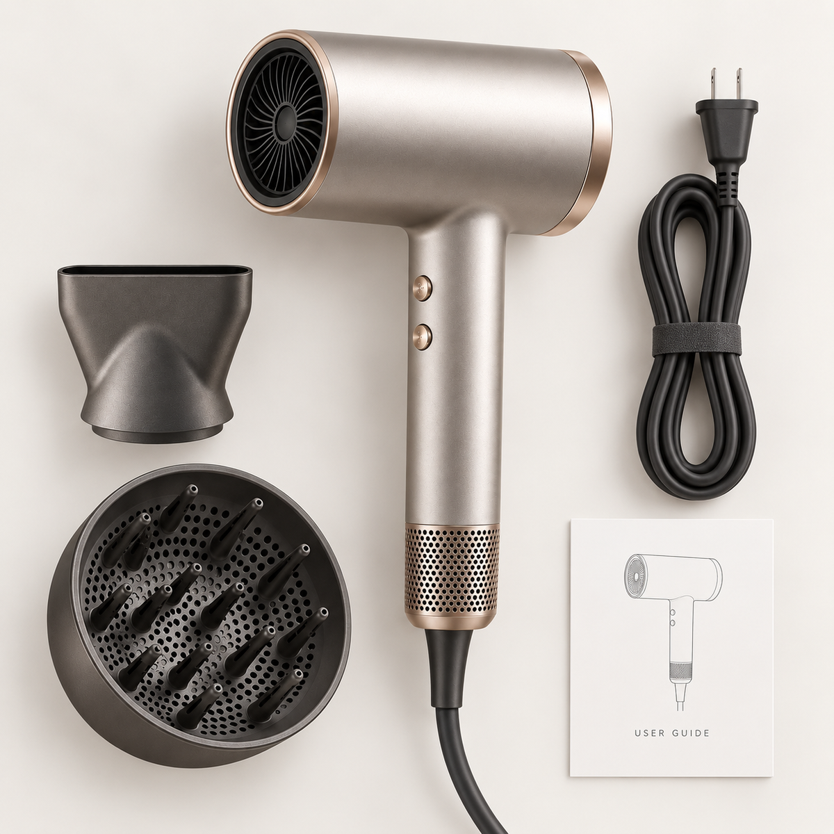 High-speed ionic hair dryer kit with styling attachments and power cord