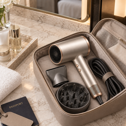 High-speed ionic hair dryer packed in a travel vanity case