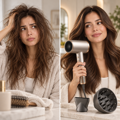 Before and after hair styling comparison using high-speed ionic hair dryer