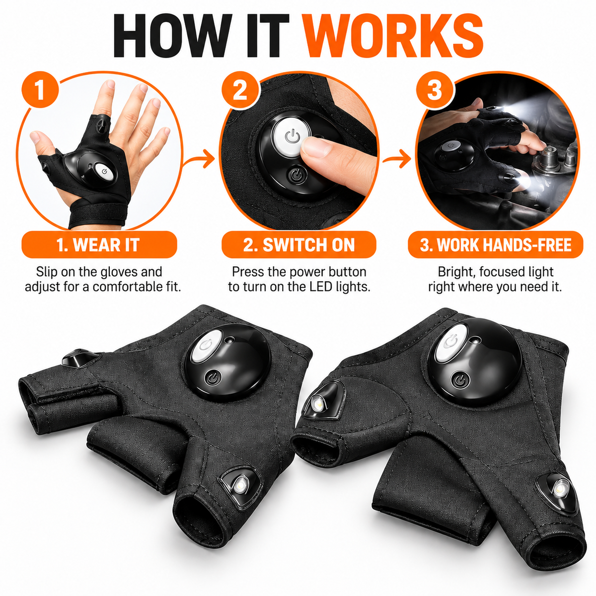 LED Flashlight Gloves – Hands-Free Work Light for Mechanics, DIY & Night Tasks