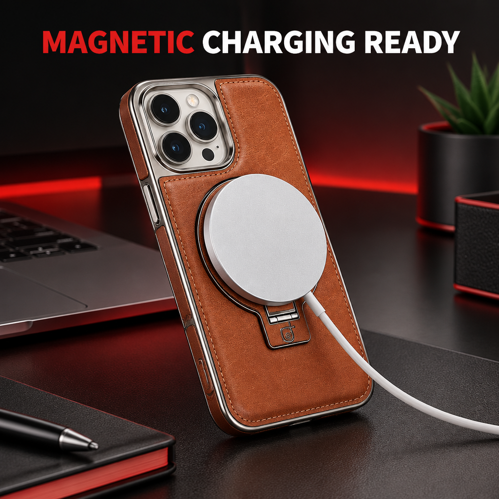 Brown leather magnetic iPhone stand case charging demonstration
