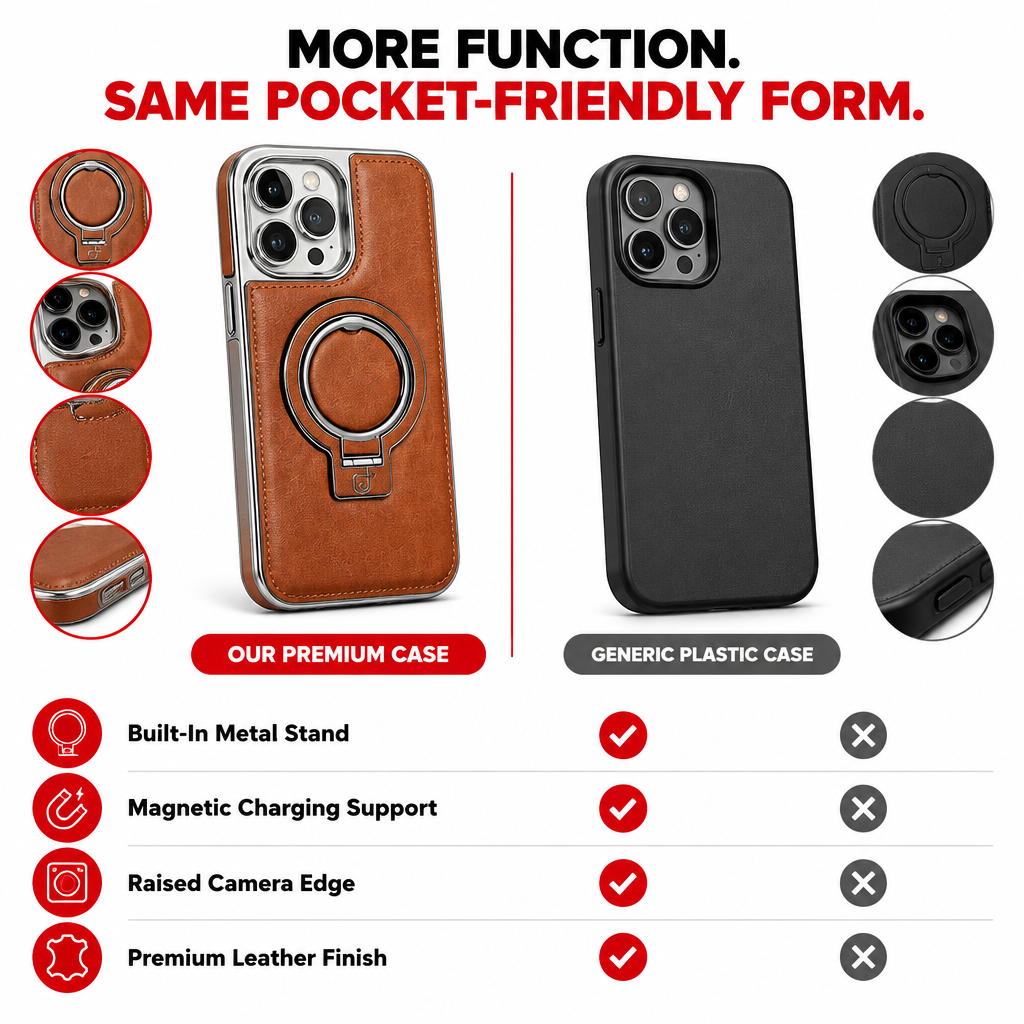 Leather magnetic stand iPhone case compared with a basic case