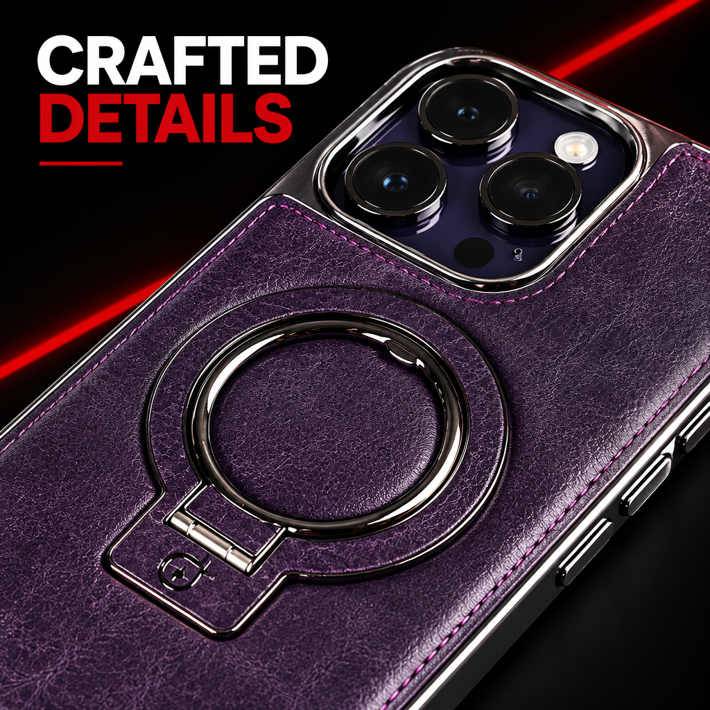 Purple leather magnetic iPhone case material and metal ring detail