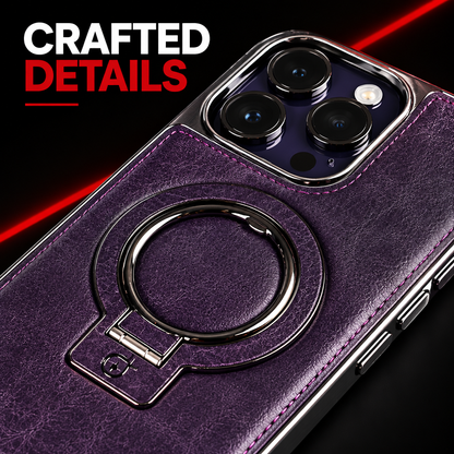 Purple leather magnetic iPhone case material and metal ring detail