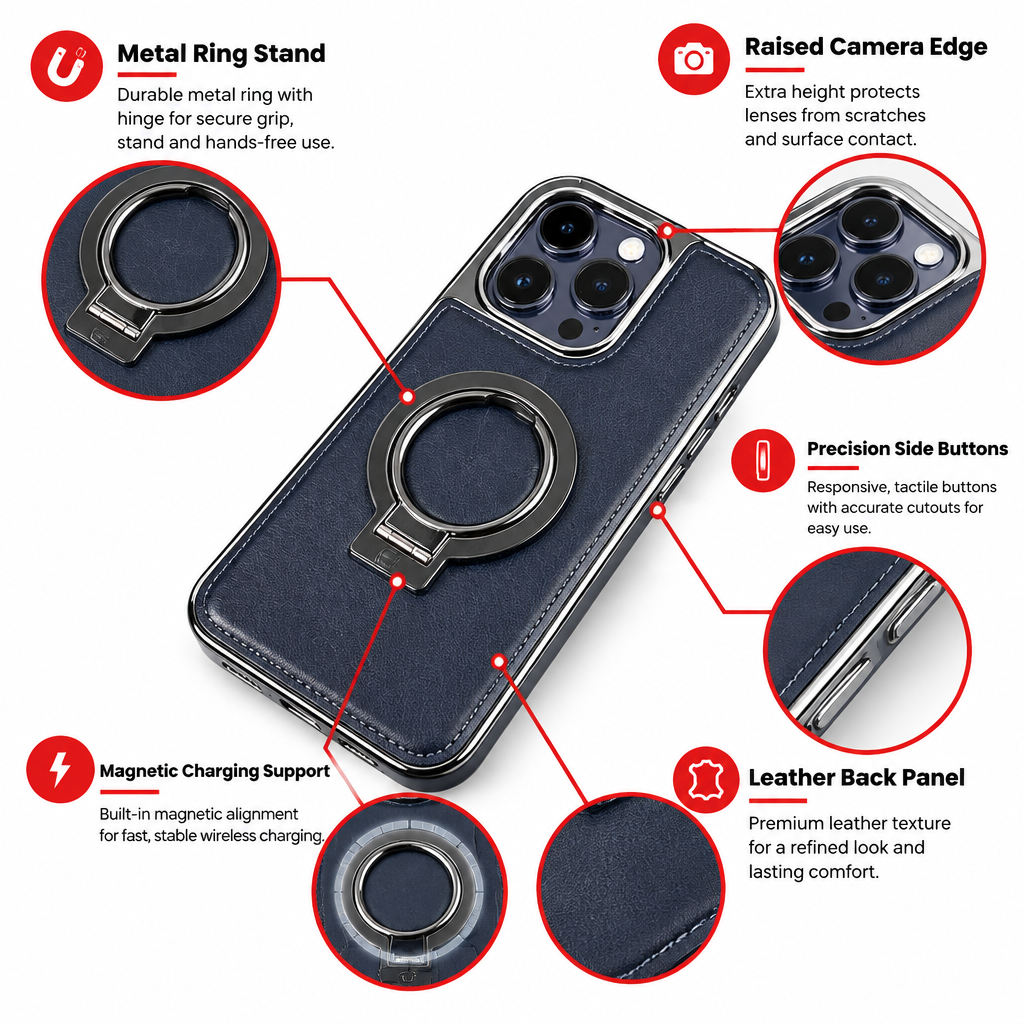 Dark blue leather magnetic iPhone case feature infographic