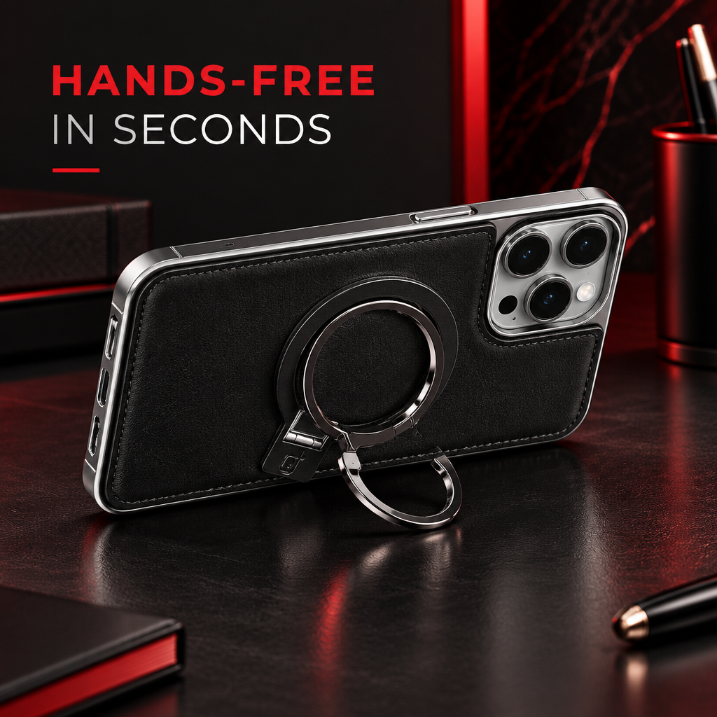 Black leather magnetic iPhone stand case in hands-free mode