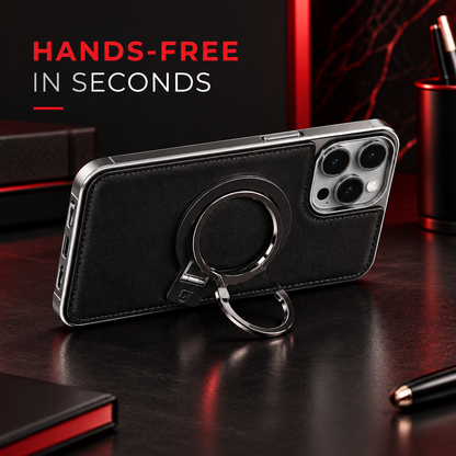 Black leather magnetic iPhone stand case in hands-free mode
