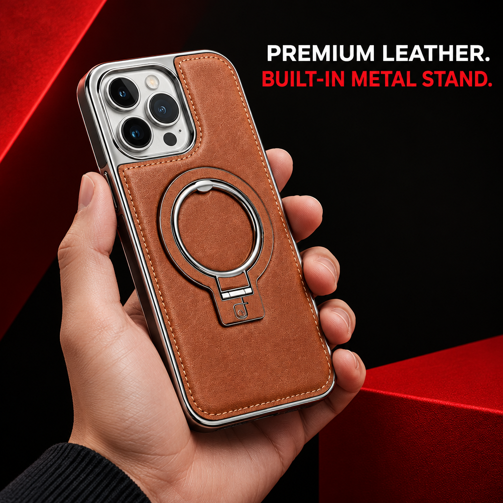 Leather magnetic iPhone stand case matching the actual product design