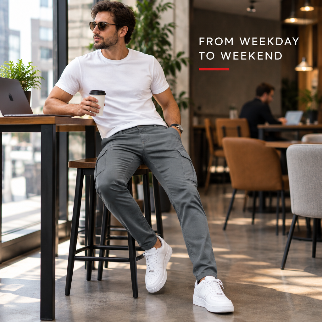 Gray men's stretch cargo jeans styled for city and casual office wear