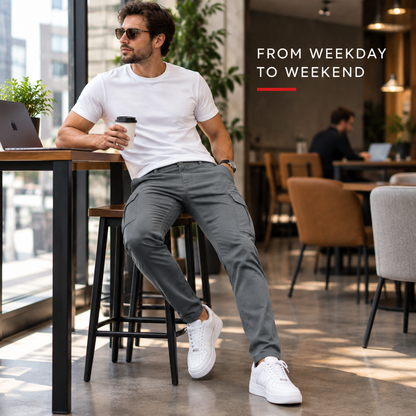 Gray men's stretch cargo jeans styled for city and casual office wear