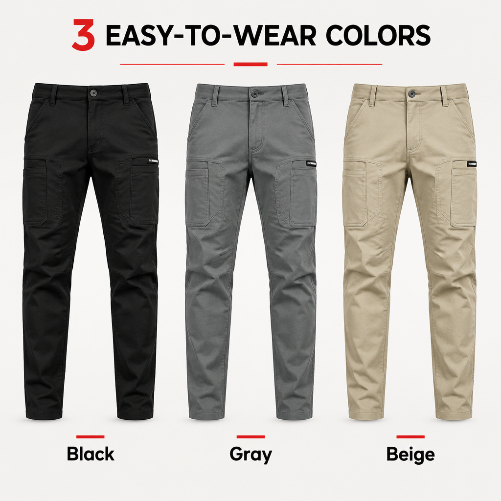 Black gray and beige color options for men's stretch cargo jeans