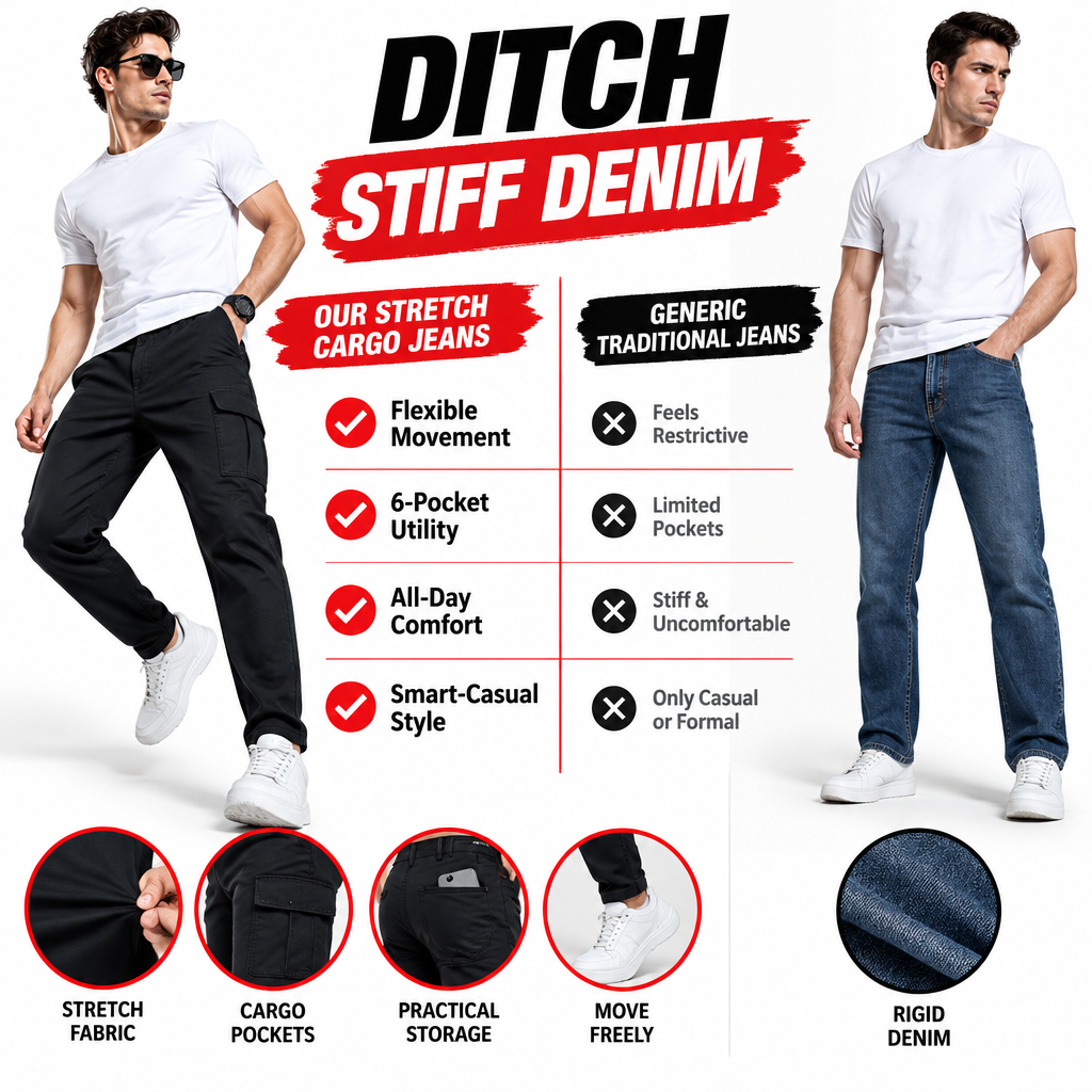 Men's flexible cargo jeans compared with stiff traditional denim