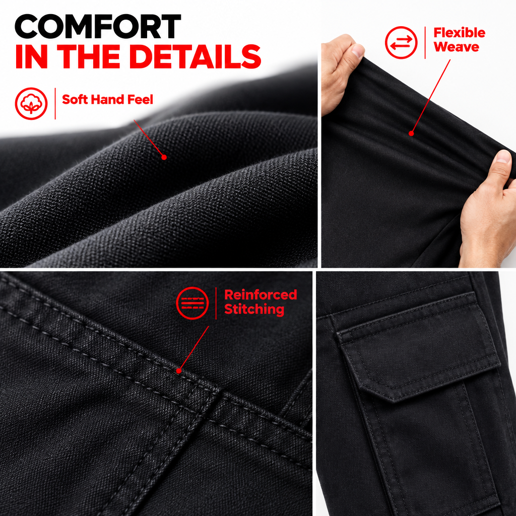 Close-up fabric and reinforced stitching on men's stretch cargo jeans