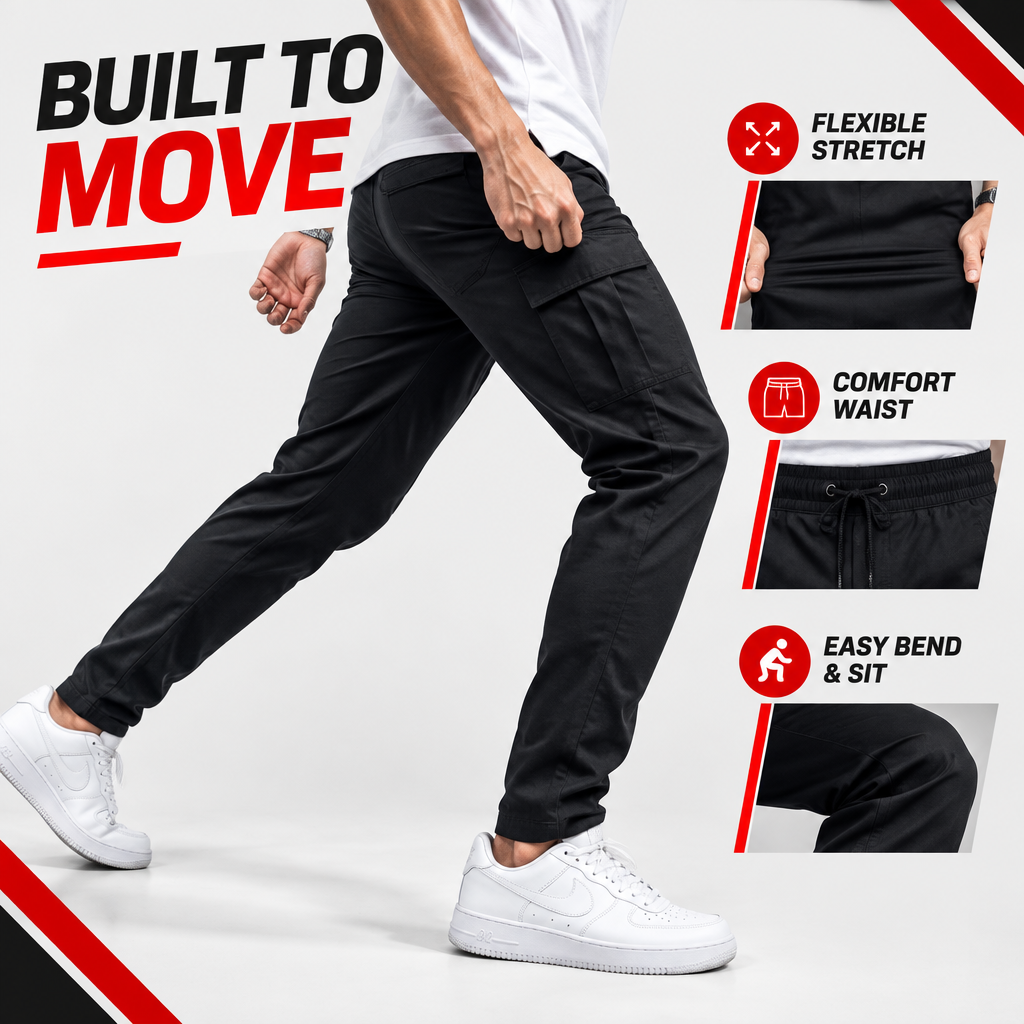 Men's stretch cargo jeans flexible movement demonstration