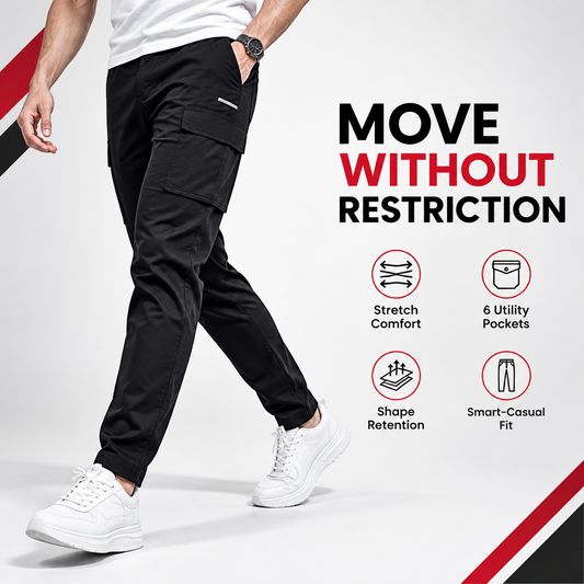 Men's stretch cargo jeans with 6 utility pockets and flexible everyday fit