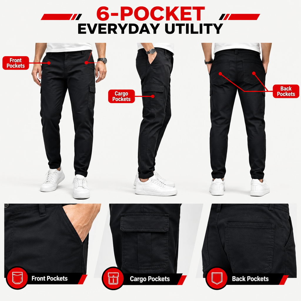 Six pocket layout on men's stretch cargo jeans