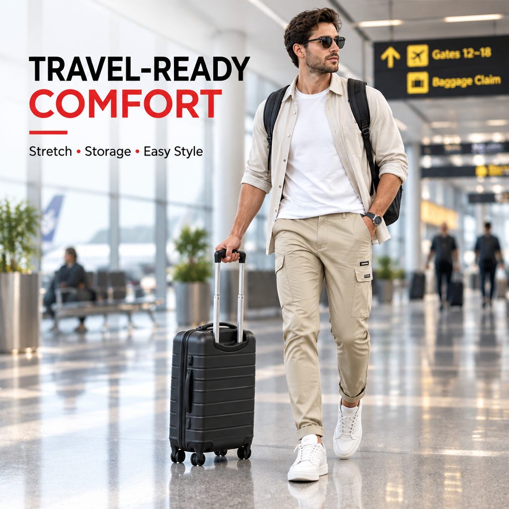 Beige men's stretch cargo jeans for travel and everyday wear