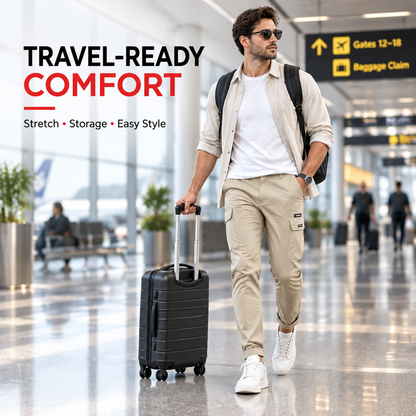 Beige men's stretch cargo jeans for travel and everyday wear