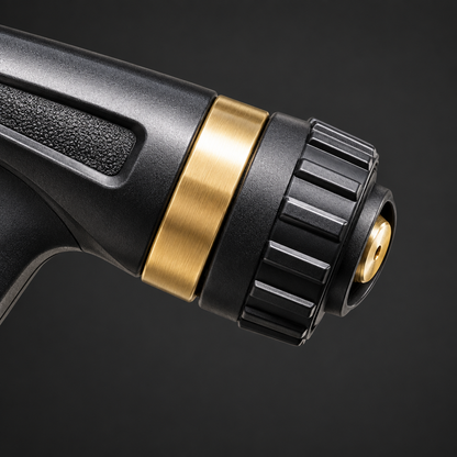 Adjustable metal garden hose nozzle close-up detail