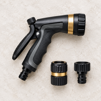 Metal garden hose nozzle and connector product flat lay