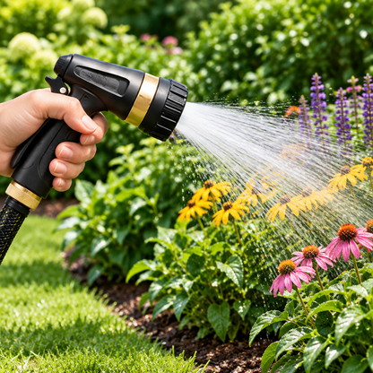 Adjustable garden hose nozzle watering flowers