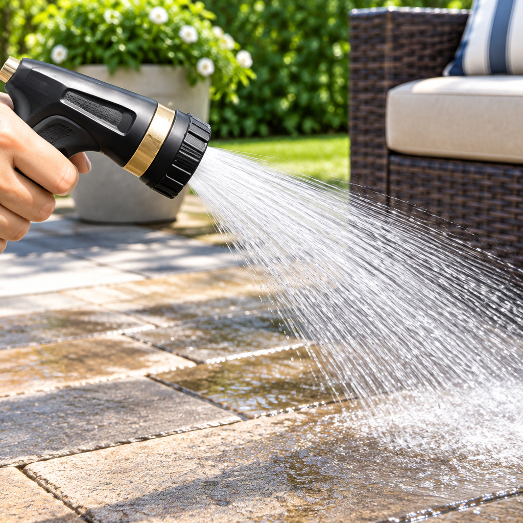 High-pressure garden hose nozzle cleaning patio